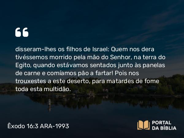 Êxodo 16:3 ARA-1993 - disseram-lhes os filhos de Israel: Quem nos dera tivéssemos morrido pela mão do Senhor, na terra do Egito, quando estávamos sentados junto às panelas de carne e comíamos pão a fartar! Pois nos trouxestes a este deserto, para matardes de fome toda esta multidão.