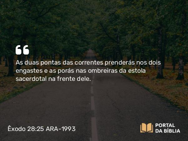 Êxodo 28:25 ARA-1993 - As duas pontas das correntes prenderás nos dois engastes e as porás nas ombreiras da estola sacerdotal na frente dele.