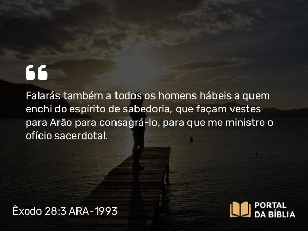 Êxodo 28:3 ARA-1993 - Falarás também a todos os homens hábeis a quem enchi do espírito de sabedoria, que façam vestes para Arão para consagrá-lo, para que me ministre o ofício sacerdotal.