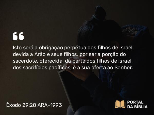 Êxodo 29:28 ARA-1993 - Isto será a obrigação perpétua dos filhos de Israel, devida a Arão e seus filhos, por ser a porção do sacerdote, oferecida, da parte dos filhos de Israel, dos sacrifícios pacíficos; é a sua oferta ao Senhor.