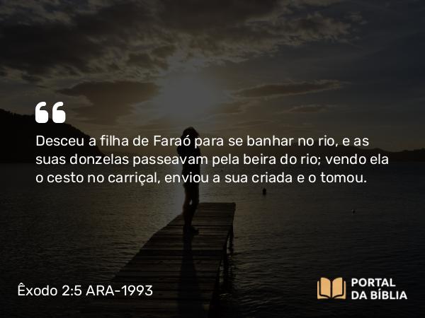 Êxodo 2:5 ARA-1993 - Desceu a filha de Faraó para se banhar no rio, e as suas donzelas passeavam pela beira do rio; vendo ela o cesto no carriçal, enviou a sua criada e o tomou.