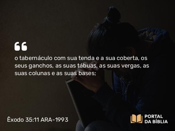 Êxodo 35:11 ARA-1993 - o tabernáculo com sua tenda e a sua coberta, os seus ganchos, as suas tábuas, as suas vergas, as suas colunas e as suas bases;