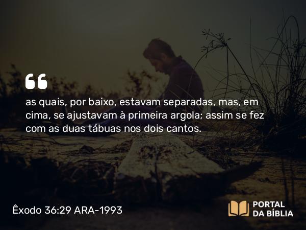 Êxodo 36:29 ARA-1993 - as quais, por baixo, estavam separadas, mas, em cima, se ajustavam à primeira argola; assim se fez com as duas tábuas nos dois cantos.