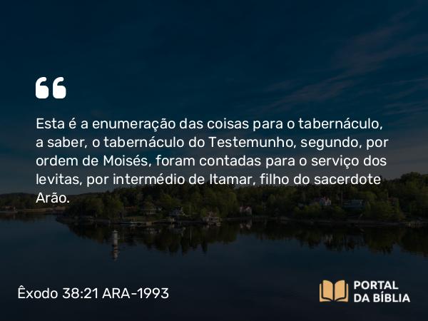 Êxodo 38:21 ARA-1993 - Esta é a enumeração das coisas para o tabernáculo, a saber, o tabernáculo do Testemunho, segundo, por ordem de Moisés, foram contadas para o serviço dos levitas, por intermédio de Itamar, filho do sacerdote Arão.