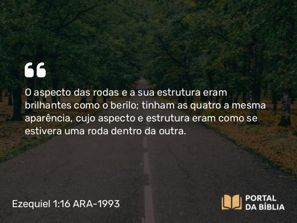 Ezequiel 1:16 ARA-1993 - O aspecto das rodas e a sua estrutura eram brilhantes como o berilo; tinham as quatro a mesma aparência, cujo aspecto e estrutura eram como se estivera uma roda dentro da outra.