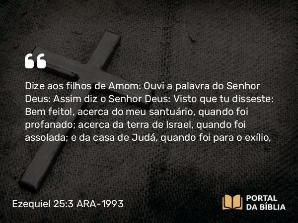 Ezequiel 25:3 ARA-1993 - Dize aos filhos de Amom: Ouvi a palavra do Senhor Deus: Assim diz o Senhor Deus: Visto que tu disseste: Bem feito!, acerca do meu santuário, quando foi profanado; acerca da terra de Israel, quando foi assolada; e da casa de Judá, quando foi para o exílio,