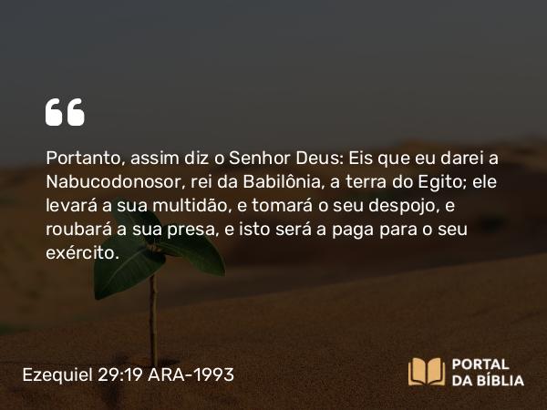 Ezequiel 29:19 ARA-1993 - Portanto, assim diz o Senhor Deus: Eis que eu darei a Nabucodonosor, rei da Babilônia, a terra do Egito; ele levará a sua multidão, e tomará o seu despojo, e roubará a sua presa, e isto será a paga para o seu exército.