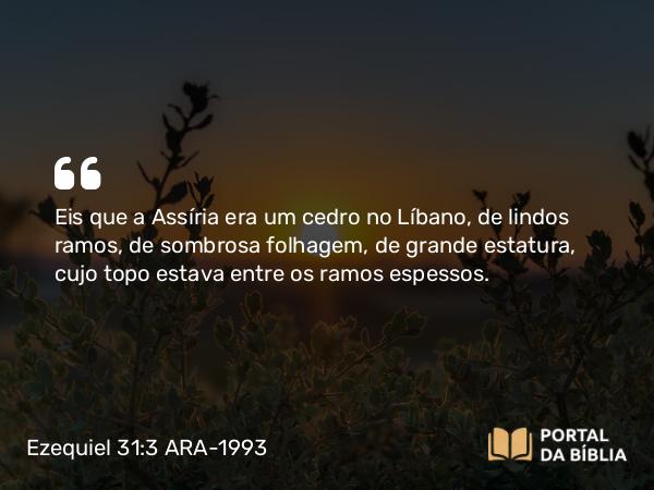 Ezequiel 31:3 ARA-1993 - Eis que a Assíria era um cedro no Líbano, de lindos ramos, de sombrosa folhagem, de grande estatura, cujo topo estava entre os ramos espessos.