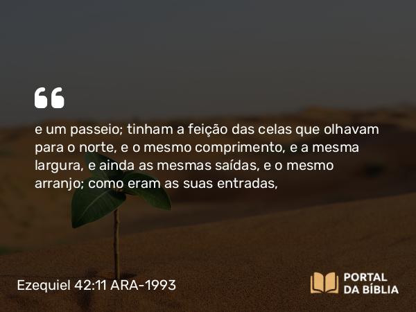 Ezequiel 42:11 ARA-1993 - e um passeio; tinham a feição das celas que olhavam para o norte, e o mesmo comprimento, e a mesma largura, e ainda as mesmas saídas, e o mesmo arranjo; como eram as suas entradas,