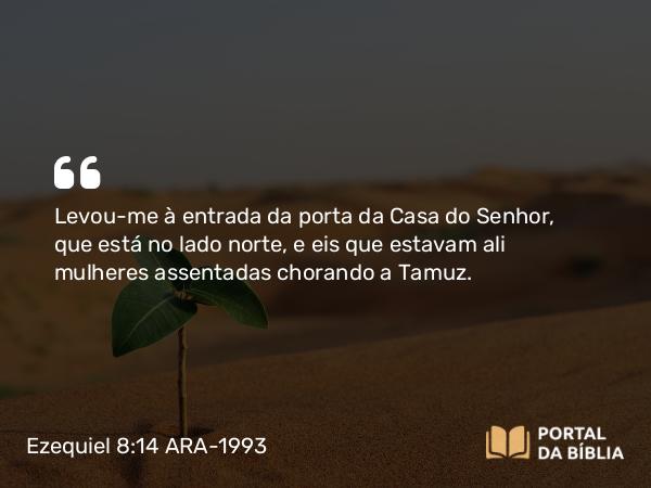 Ezequiel 8:14 ARA-1993 - Levou-me à entrada da porta da Casa do Senhor, que está no lado norte, e eis que estavam ali mulheres assentadas chorando a Tamuz.