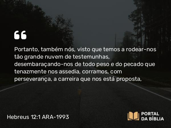 Hebreus 12:1 ARA-1993 - Portanto, também nós, visto que temos a rodear-nos tão grande nuvem de testemunhas, desembaraçando-nos de todo peso e do pecado que tenazmente nos assedia, corramos, com perseverança, a carreira que nos está proposta,