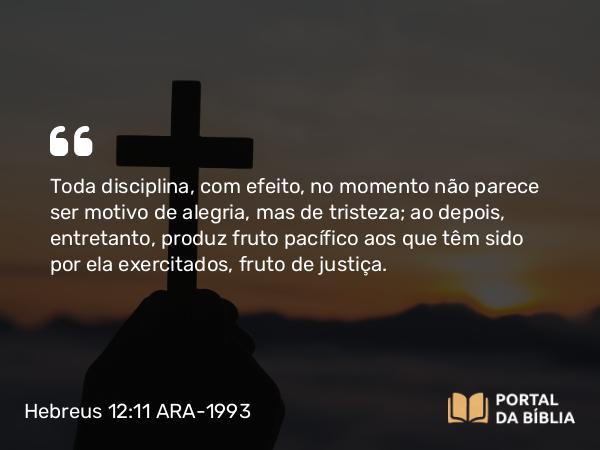 Hebreus 12:11 ARA-1993 - Toda disciplina, com efeito, no momento não parece ser motivo de alegria, mas de tristeza; ao depois, entretanto, produz fruto pacífico aos que têm sido por ela exercitados, fruto de justiça.