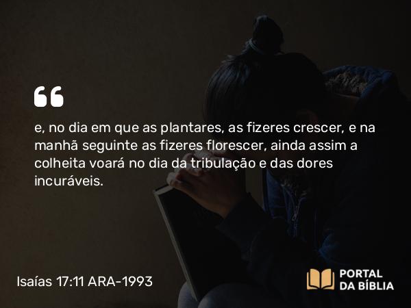 Isaías 17:11 ARA-1993 - e, no dia em que as plantares, as fizeres crescer, e na manhã seguinte as fizeres florescer, ainda assim a colheita voará no dia da tribulação e das dores incuráveis.