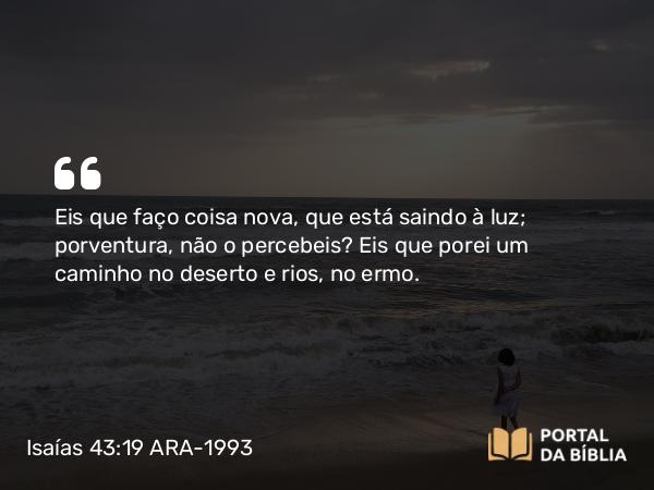 Isaías 43:19 ARA-1993 - Eis que faço coisa nova, que está saindo à luz; porventura, não o percebeis? Eis que porei um caminho no deserto e rios, no ermo.