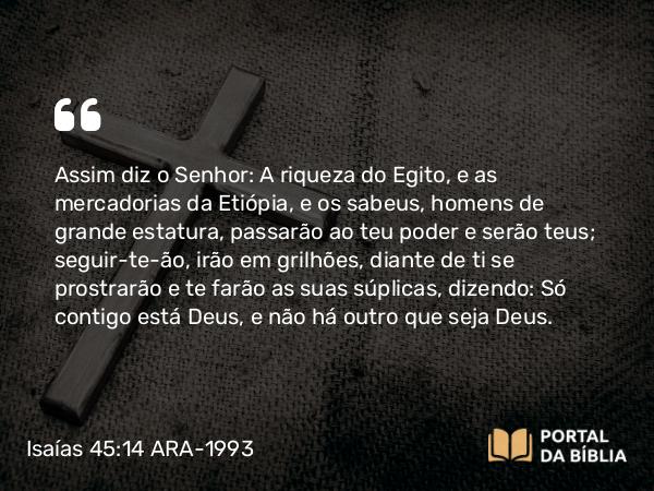 Isaías 45:14 ARA-1993 - Assim diz o Senhor: A riqueza do Egito, e as mercadorias da Etiópia, e os sabeus, homens de grande estatura, passarão ao teu poder e serão teus; seguir-te-ão, irão em grilhões, diante de ti se prostrarão e te farão as suas súplicas, dizendo: Só contigo está Deus, e não há outro que seja Deus.