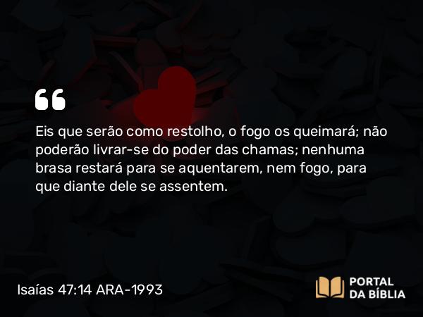 Isaías 47:14 ARA-1993 - Eis que serão como restolho, o fogo os queimará; não poderão livrar-se do poder das chamas; nenhuma brasa restará para se aquentarem, nem fogo, para que diante dele se assentem.