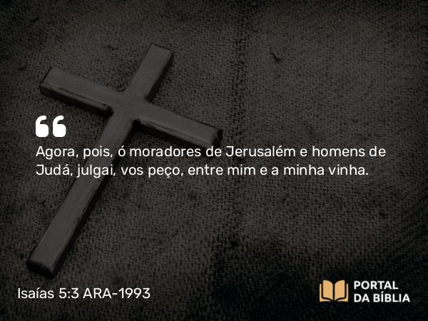 Isaías 5:3 ARA-1993 - Agora, pois, ó moradores de Jerusalém e homens de Judá, julgai, vos peço, entre mim e a minha vinha.