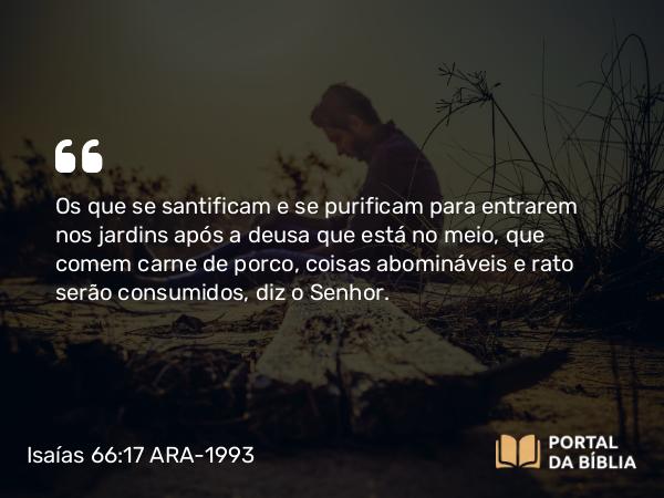 Isaías 66:17 ARA-1993 - Os que se santificam e se purificam para entrarem nos jardins após a deusa que está no meio, que comem carne de porco, coisas abomináveis e rato serão consumidos, diz o Senhor.