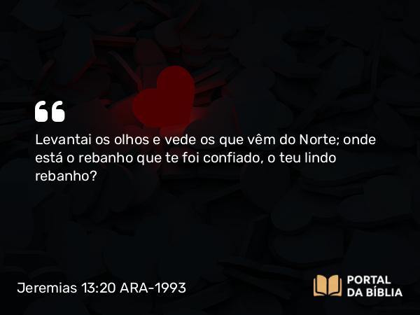 Jeremias 13:20 ARA-1993 - Levantai os olhos e vede os que vêm do Norte; onde está o rebanho que te foi confiado, o teu lindo rebanho?