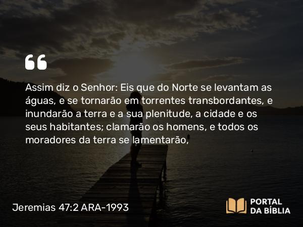 Jeremias 47:2 ARA-1993 - Assim diz o Senhor: Eis que do Norte se levantam as águas, e se tornarão em torrentes transbordantes, e inundarão a terra e a sua plenitude, a cidade e os seus habitantes; clamarão os homens, e todos os moradores da terra se lamentarão,