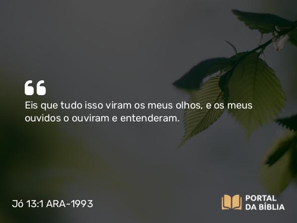 Jó 13:1 ARA-1993 - Eis que tudo isso viram os meus olhos, e os meus ouvidos o ouviram e entenderam.