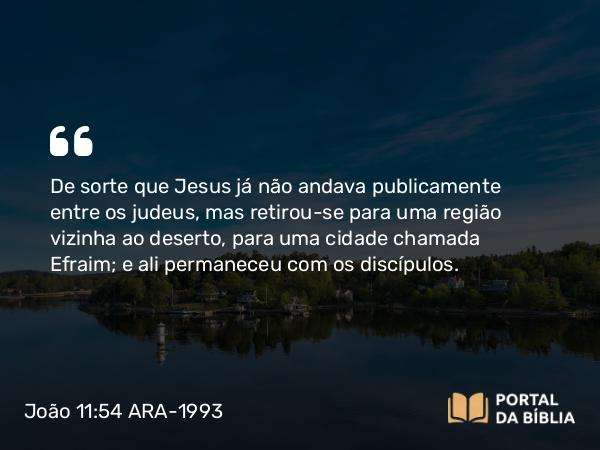 João 11:54 ARA-1993 - De sorte que Jesus já não andava publicamente entre os judeus, mas retirou-se para uma região vizinha ao deserto, para uma cidade chamada Efraim; e ali permaneceu com os discípulos.