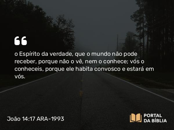 João 14:17 ARA-1993 - o Espírito da verdade, que o mundo não pode receber, porque não o vê, nem o conhece; vós o conheceis, porque ele habita convosco e estará em vós.