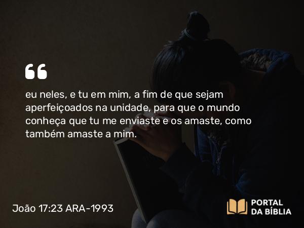 João 17:23 ARA-1993 - eu neles, e tu em mim, a fim de que sejam aperfeiçoados na unidade, para que o mundo conheça que tu me enviaste e os amaste, como também amaste a mim.