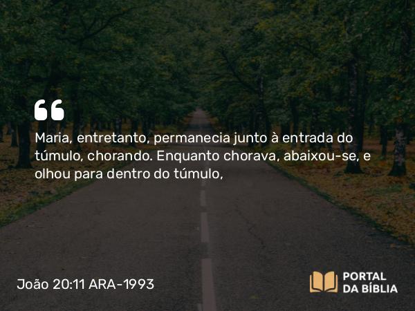 João 20:11 ARA-1993 - Maria, entretanto, permanecia junto à entrada do túmulo, chorando. Enquanto chorava, abaixou-se, e olhou para dentro do túmulo,