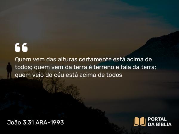 João 3:31-32 ARA-1993 - Quem vem das alturas certamente está acima de todos; quem vem da terra é terreno e fala da terra; quem veio do céu está acima de todos