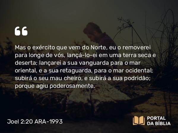 Joel 2:20 ARA-1993 - Mas o exército que vem do Norte, eu o removerei para longe de vós, lançá-lo-ei em uma terra seca e deserta; lançarei a sua vanguarda para o mar oriental, e a sua retaguarda, para o mar ocidental; subirá o seu mau cheiro, e subirá a sua podridão; porque agiu poderosamente.