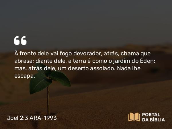 Joel 2:3 ARA-1993 - À frente dele vai fogo devorador, atrás, chama que abrasa; diante dele, a terra é como o jardim do Éden; mas, atrás dele, um deserto assolado. Nada lhe escapa.