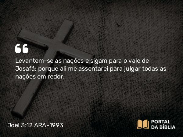 Joel 3:12 ARA-1993 - Levantem-se as nações e sigam para o vale de Josafá; porque ali me assentarei para julgar todas as nações em redor.