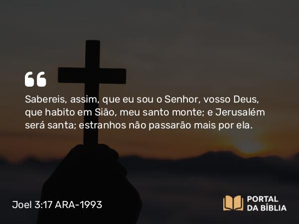 Joel 3:17 ARA-1993 - Sabereis, assim, que eu sou o Senhor, vosso Deus, que habito em Sião, meu santo monte; e Jerusalém será santa; estranhos não passarão mais por ela.