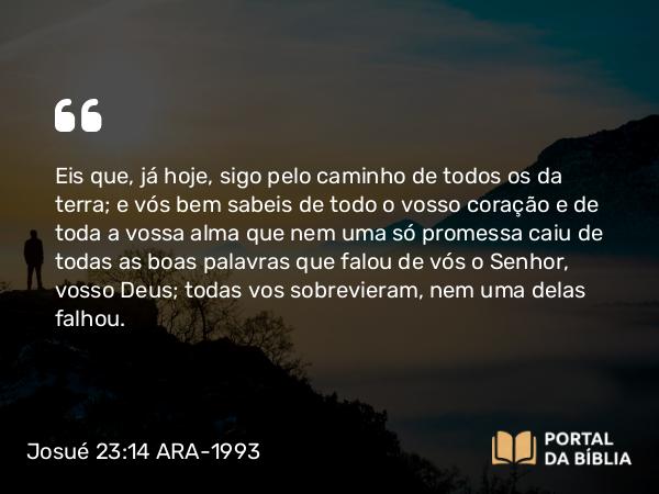 Josué 23:14-15 ARA-1993 - Eis que, já hoje, sigo pelo caminho de todos os da terra; e vós bem sabeis de todo o vosso coração e de toda a vossa alma que nem uma só promessa caiu de todas as boas palavras que falou de vós o Senhor, vosso Deus; todas vos sobrevieram, nem uma delas falhou.