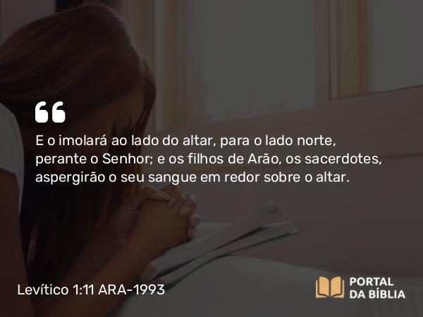 Levítico 1:11 ARA-1993 - E o imolará ao lado do altar, para o lado norte, perante o Senhor; e os filhos de Arão, os sacerdotes, aspergirão o seu sangue em redor sobre o altar.