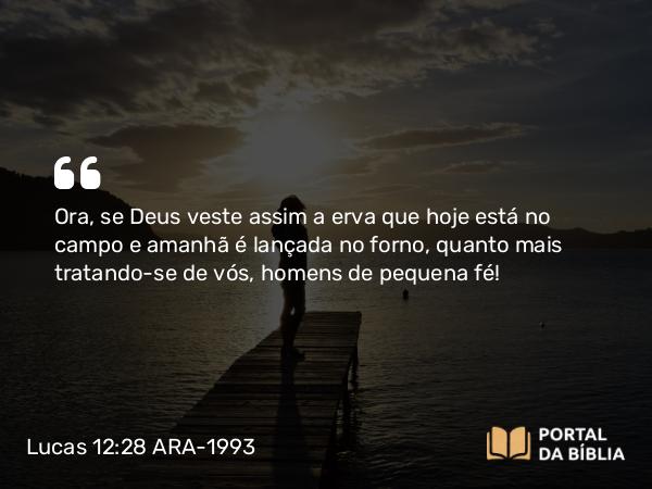 Lucas 12:28 ARA-1993 - Ora, se Deus veste assim a erva que hoje está no campo e amanhã é lançada no forno, quanto mais tratando-se de vós, homens de pequena fé!