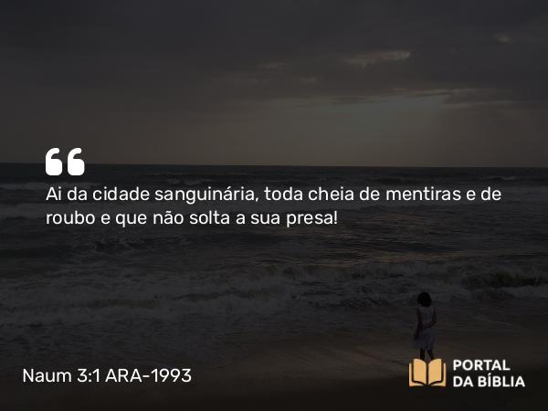 Naum 3:1 ARA-1993 - Ai da cidade sanguinária, toda cheia de mentiras e de roubo e que não solta a sua presa!