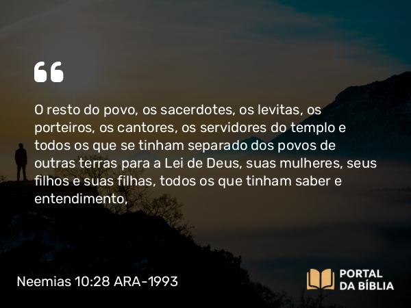 Neemias 10:28 ARA-1993 - O resto do povo, os sacerdotes, os levitas, os porteiros, os cantores, os servidores do templo e todos os que se tinham separado dos povos de outras terras para a Lei de Deus, suas mulheres, seus filhos e suas filhas, todos os que tinham saber e entendimento,