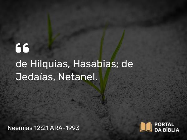 Neemias 12:21 ARA-1993 - de Hilquias, Hasabias; de Jedaías, Netanel.