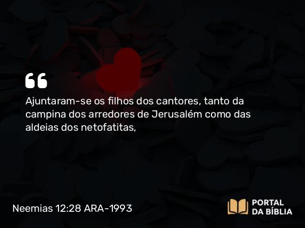 Neemias 12:28 ARA-1993 - Ajuntaram-se os filhos dos cantores, tanto da campina dos arredores de Jerusalém como das aldeias dos netofatitas,