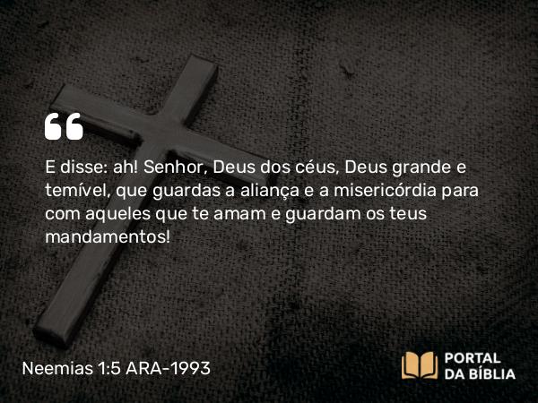 Neemias 1:5 ARA-1993 - E disse: ah! Senhor, Deus dos céus, Deus grande e temível, que guardas a aliança e a misericórdia para com aqueles que te amam e guardam os teus mandamentos!