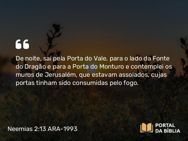 Neemias 2:13 ARA-1993 - De noite, saí pela Porta do Vale, para o lado da Fonte do Dragão e para a Porta do Monturo e contemplei os muros de Jerusalém, que estavam assolados, cujas portas tinham sido consumidas pelo fogo.