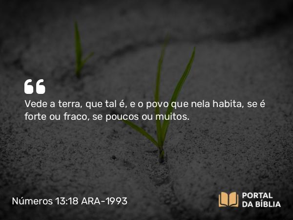 Números 13:18 ARA-1993 - Vede a terra, que tal é, e o povo que nela habita, se é forte ou fraco, se poucos ou muitos.