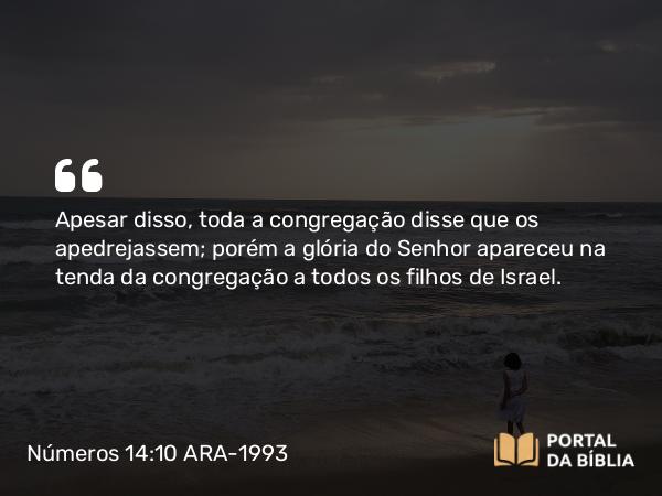 Números 14:10 ARA-1993 - Apesar disso, toda a congregação disse que os apedrejassem; porém a glória do Senhor apareceu na tenda da congregação a todos os filhos de Israel.