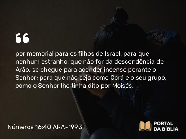 Números 16:40 ARA-1993 - por memorial para os filhos de Israel, para que nenhum estranho, que não for da descendência de Arão, se chegue para acender incenso perante o Senhor; para que não seja como Corá e o seu grupo, como o Senhor lhe tinha dito por Moisés.