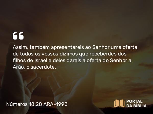 Números 18:28 ARA-1993 - Assim, também apresentareis ao Senhor uma oferta de todos os vossos dízimos que receberdes dos filhos de Israel e deles dareis a oferta do Senhor a Arão, o sacerdote.