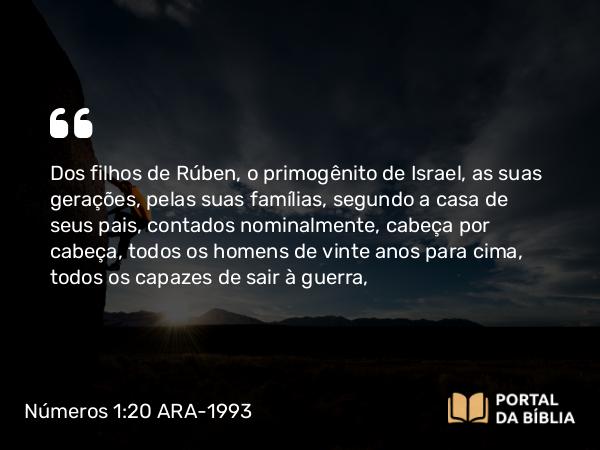 Números 1:20 ARA-1993 - Dos filhos de Rúben, o primogênito de Israel, as suas gerações, pelas suas famílias, segundo a casa de seus pais, contados nominalmente, cabeça por cabeça, todos os homens de vinte anos para cima, todos os capazes de sair à guerra,