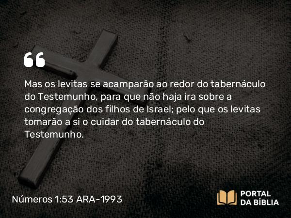 Números 1:53 ARA-1993 - Mas os levitas se acamparão ao redor do tabernáculo do Testemunho, para que não haja ira sobre a congregação dos filhos de Israel; pelo que os levitas tomarão a si o cuidar do tabernáculo do Testemunho.