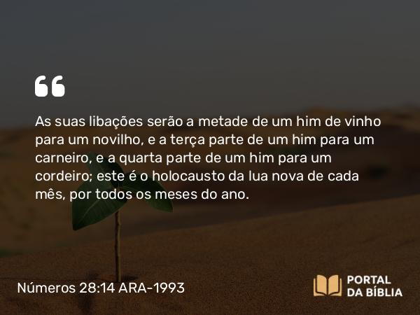 Números 28:14 ARA-1993 - As suas libações serão a metade de um him de vinho para um novilho, e a terça parte de um him para um carneiro, e a quarta parte de um him para um cordeiro; este é o holocausto da lua nova de cada mês, por todos os meses do ano.